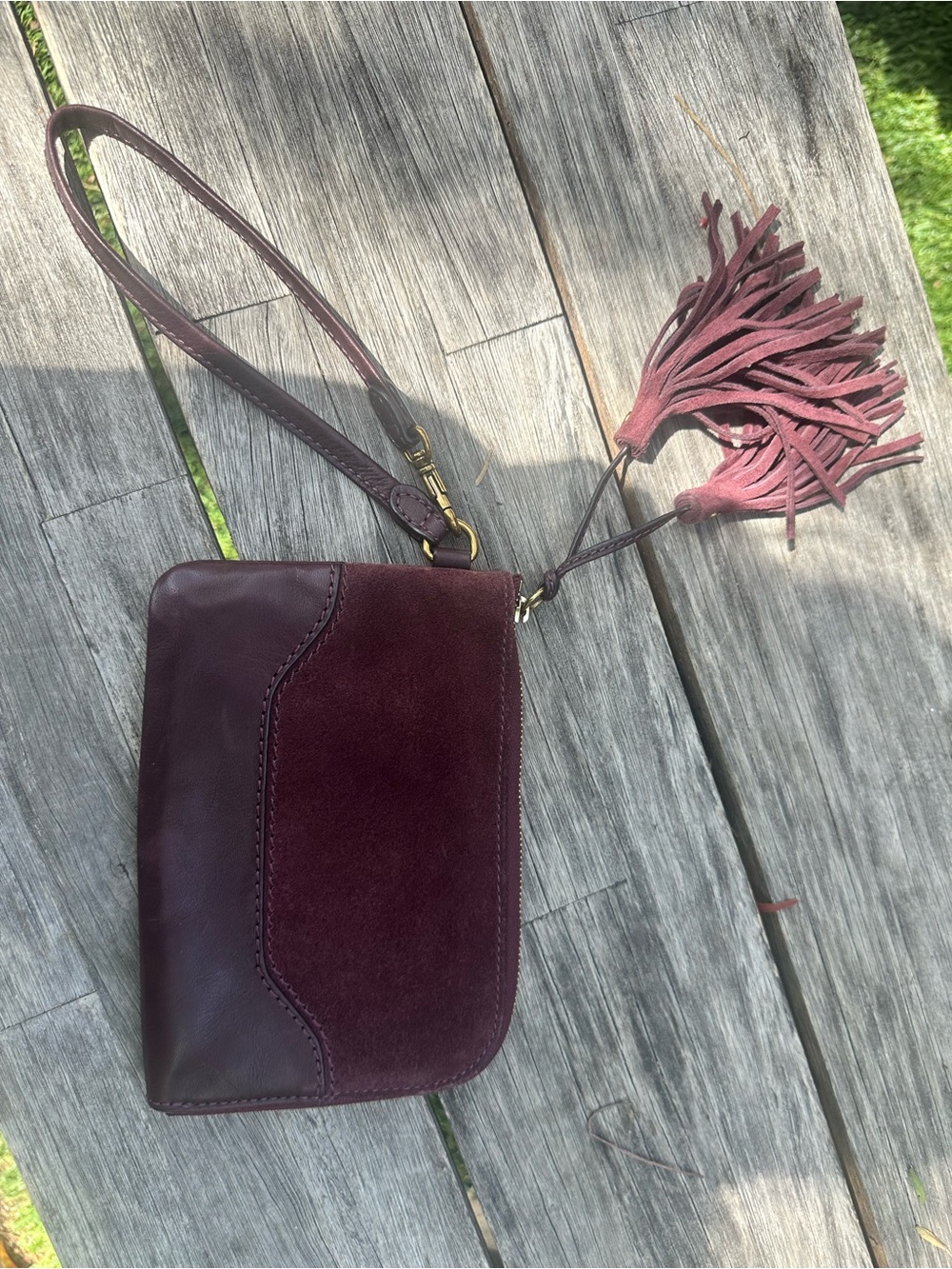 Frye Burgundy Leather & Suede Wristlet with Tassel